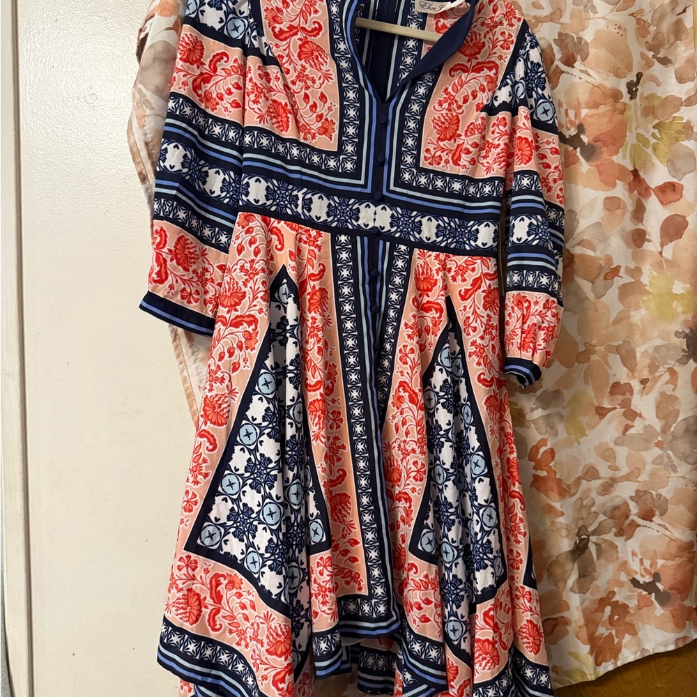 Elegant Women's Bohemian Dress - Navy and Coral